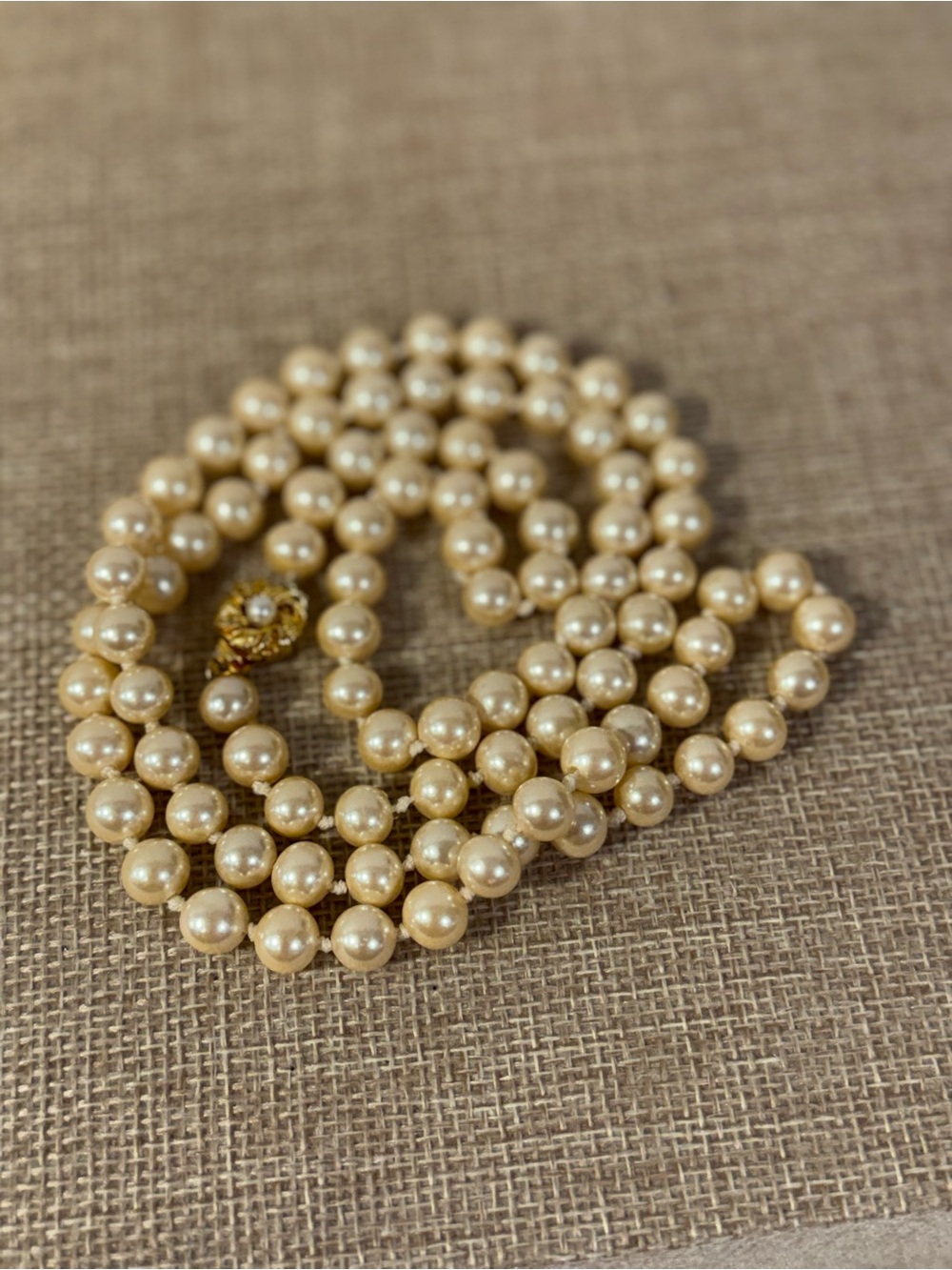 Vintage 32” Faux Pearl Necklace Gold Filigree Clasp Cream 7mm Opera Length